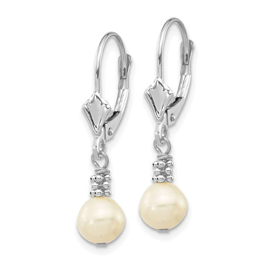 14kt White Gold 5-6mm White Semi-round Freshwater Cultured Pearl Dangle Leverback Earrings