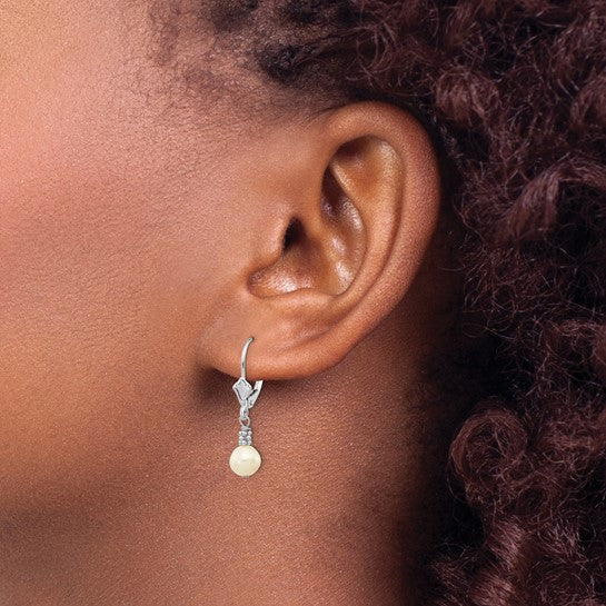 14kt White Gold 5-6mm White Semi-round Freshwater Cultured Pearl Dangle Leverback Earrings