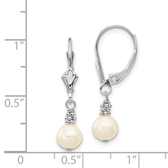 14kt White Gold 5-6mm White Semi-round Freshwater Cultured Pearl Dangle Leverback Earrings