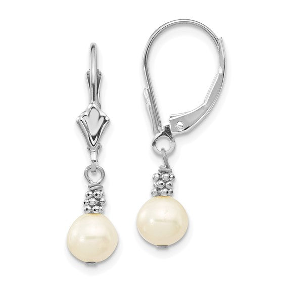 14kt White Gold 5-6mm White Semi-round Freshwater Cultured Pearl Dangle Leverback Earrings