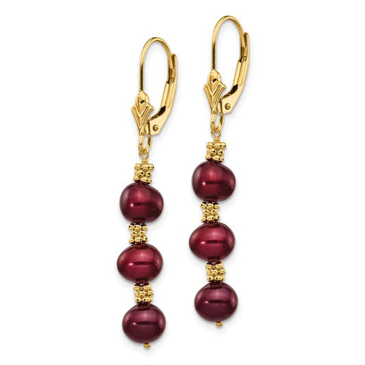14kt Yellow Gold 5-6mm Brown Semi-Round Freshwater Cultured Pearl Dangle Leverback Earrings