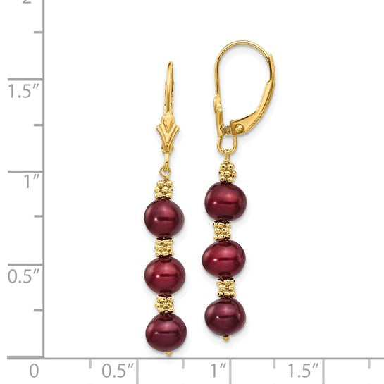 14kt Yellow Gold 5-6mm Brown Semi-Round Freshwater Cultured Pearl Dangle Leverback Earrings