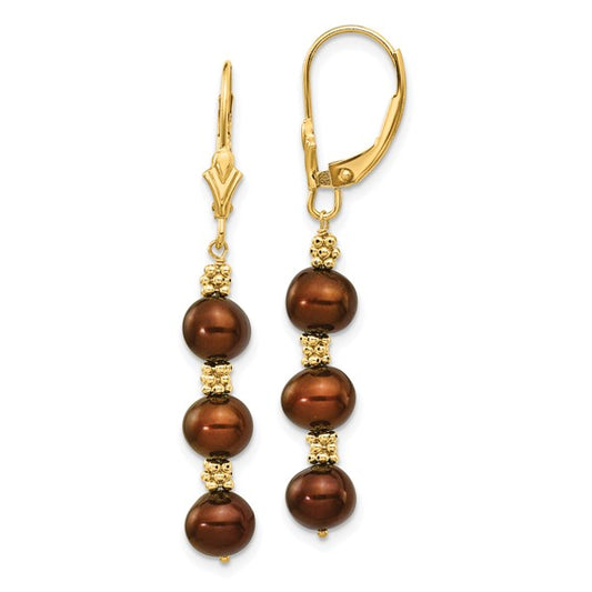 14kt Yellow Gold 5-6mm Brown Semi-Round Freshwater Cultured Pearl Dangle Leverback Earrings