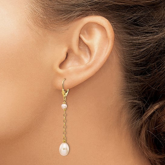 14kt Yellow Gold 5-8mm Pink Rice and Semi-Round Freshwater Cultured Pearl Dangle Leverback Earrings