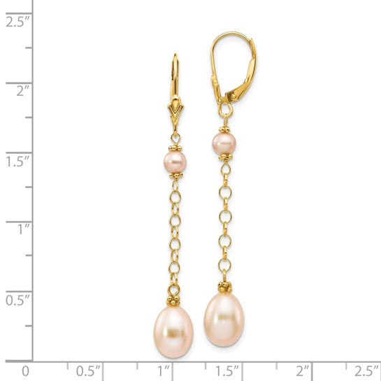 14kt Yellow Gold 5-8mm Pink Rice and Semi-Round Freshwater Cultured Pearl Dangle Leverback Earrings
