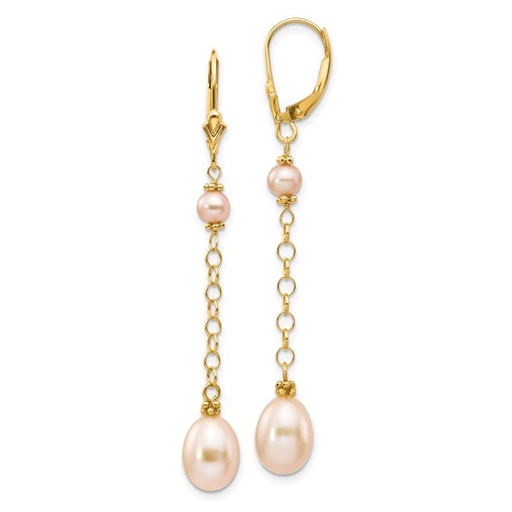 14kt Yellow Gold 5-8mm Pink Rice and Semi-Round Freshwater Cultured Pearl Dangle Leverback Earrings