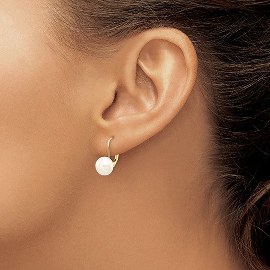 14kt Yellow Gold 8-9mm White Button Freshwater Cultured Pearl Leverback Earrings