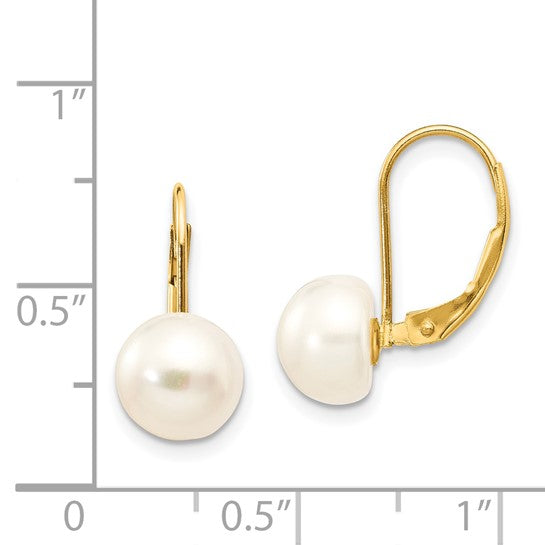 14kt Yellow Gold 8-9mm White Button Freshwater Cultured Pearl Leverback Earrings