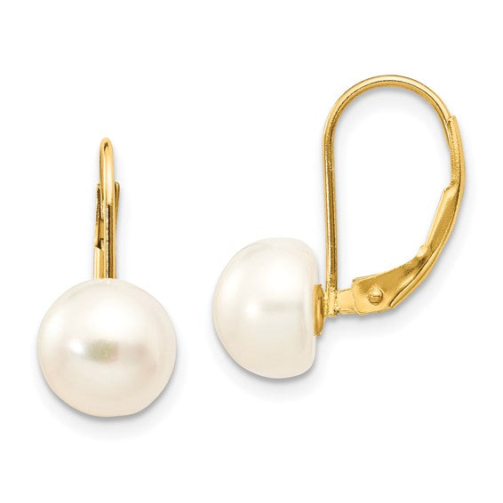 14kt Yellow Gold 8-9mm White Button Freshwater Cultured Pearl Leverback Earrings