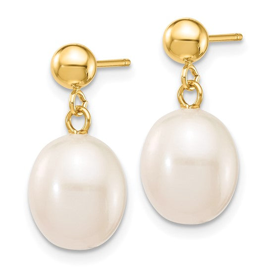14kt Yellow Gold 7-8mm White Rice Freshwater Cultured Pearl Post Dangle Earrings