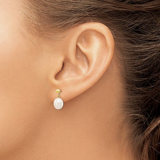 14kt Yellow Gold 7-8mm White Rice Freshwater Cultured Pearl Post Dangle Earrings