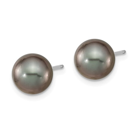14kt White Gold 8-9mm Black Round Tahitian Saltwater Cultured Pearl Post Earrings