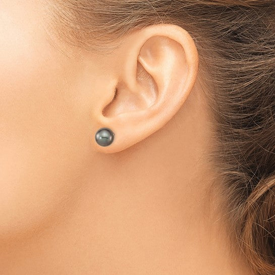 14kt White Gold 8-9mm Black Round Tahitian Saltwater Cultured Pearl Post Earrings
