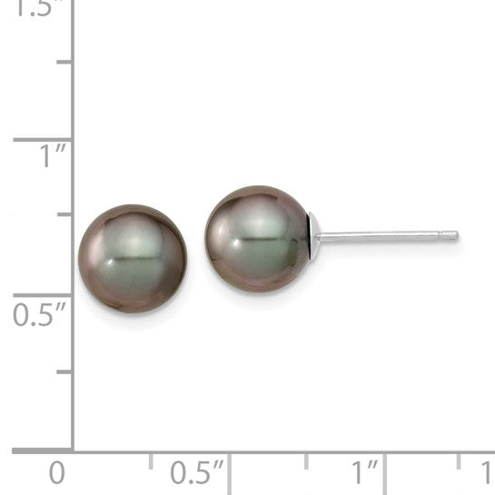 14kt White Gold 8-9mm Black Round Tahitian Saltwater Cultured Pearl Post Earrings