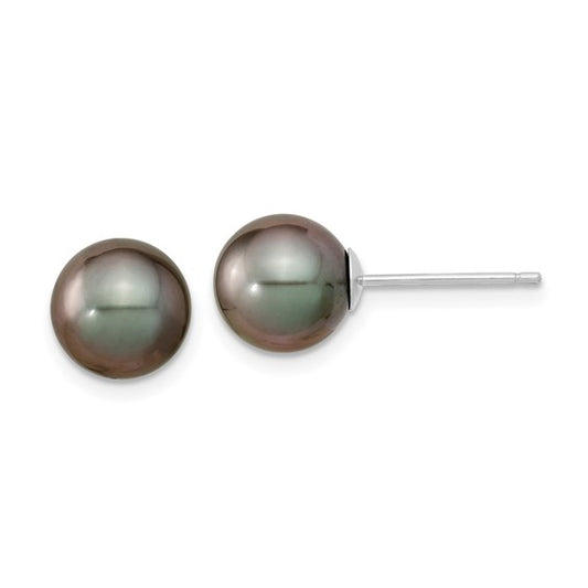 14kt White Gold 8-9mm Black Round Tahitian Saltwater Cultured Pearl Post Earrings