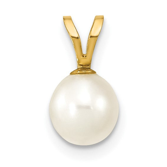 14KT Yellow Gold 6-7mm White Round Freshwater Cultured Pearl Pendant