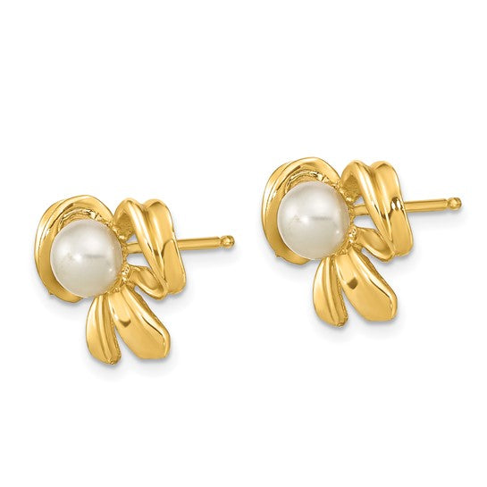 14kt Yellow Gold 3-4mm White Button Freshwater Cultured Pearl Bow Post Earrings