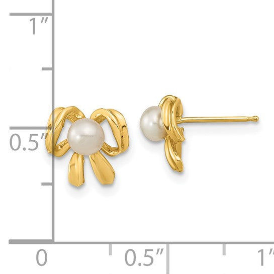 14kt Yellow Gold 3-4mm White Button Freshwater Cultured Pearl Bow Post Earrings