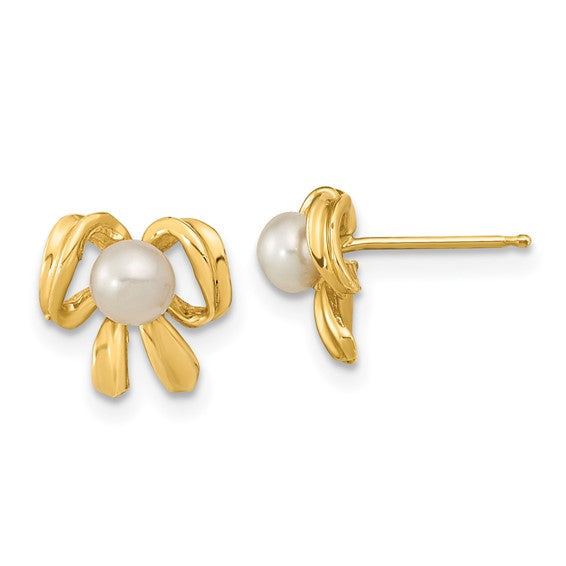 14kt Yellow Gold 3-4mm White Button Freshwater Cultured Pearl Bow Post Earrings