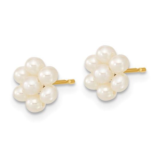 14kt Yellow Gold 2-3mm White Button Freshwater Cultured Pearl Flower Earrings