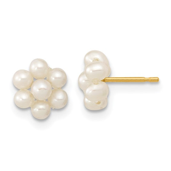 14kt Yellow Gold 2-3mm White Button Freshwater Cultured Pearl Flower Earrings