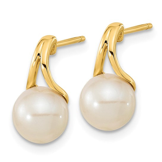 14KT Yellow Gold 7-8mm White Round Freshwater Cultured Pearl Post Earrings