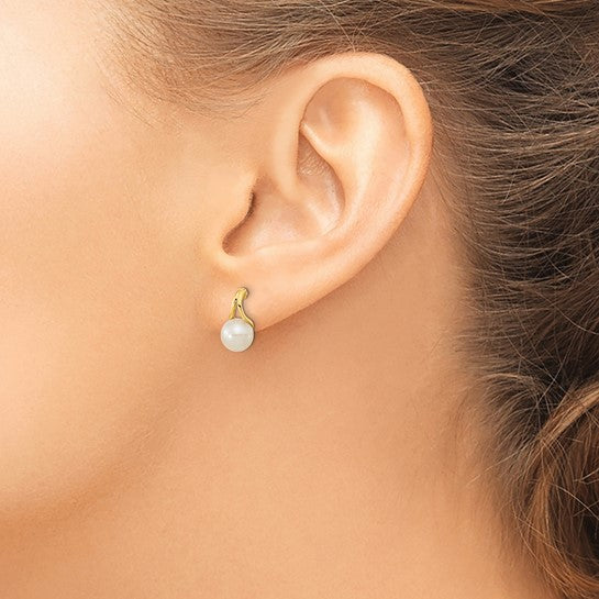 14KT Yellow Gold 7-8mm White Round Freshwater Cultured Pearl Post Earrings