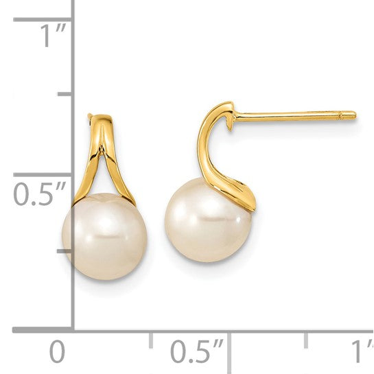 14KT Yellow Gold 7-8mm White Round Freshwater Cultured Pearl Post Earrings
