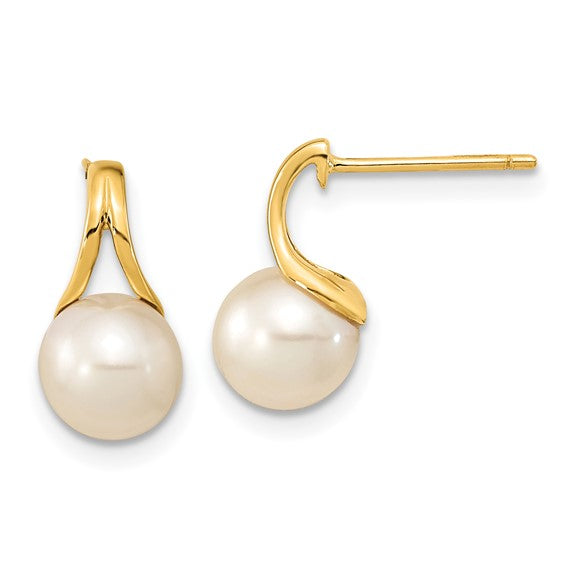 14KT Yellow Gold 7-8mm White Round Freshwater Cultured Pearl Post Earrings