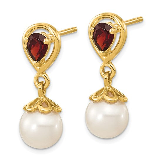14kt Yellow Gold 6-7mm FWC Pearl Mozambique Garnet Dangle Post Earrings