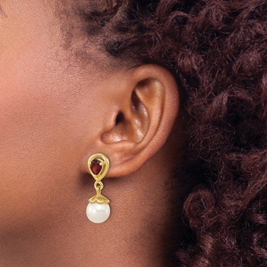 14kt Yellow Gold 6-7mm FWC Pearl Mozambique Garnet Dangle Post Earrings