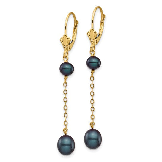 14kt Yellow Gold 5-7mm Black Rice and Semi-Round Freshwater Cultured Pearl Dangle Leverback Earrings