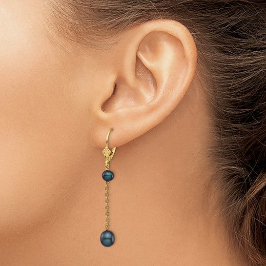 14kt Yellow Gold 5-7mm Black Rice and Semi-Round Freshwater Cultured Pearl Dangle Leverback Earrings