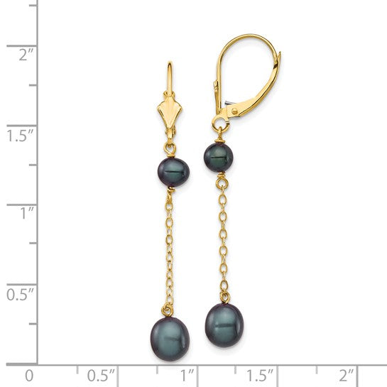 14kt Yellow Gold 5-7mm Black Rice and Semi-Round Freshwater Cultured Pearl Dangle Leverback Earrings
