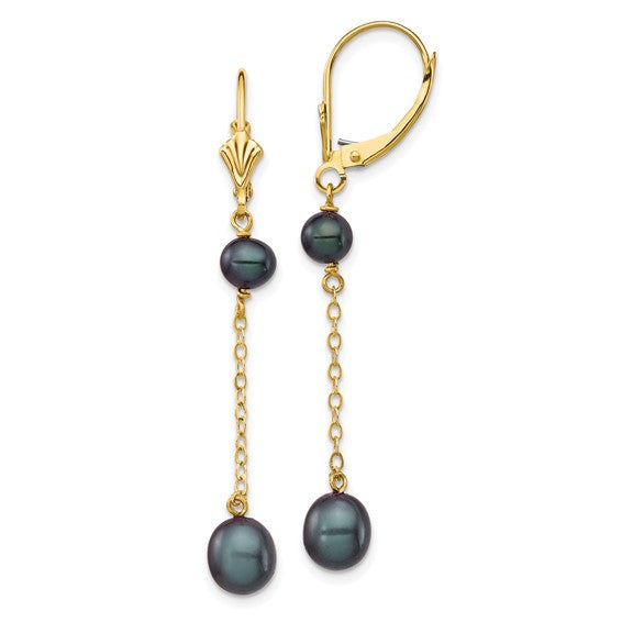 14kt Yellow Gold 5-7mm Black Rice and Semi-Round Freshwater Cultured Pearl Dangle Leverback Earrings