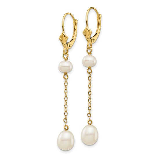 14kt Yellow Gold 5-7mm White Rice and Semi-Round Freshwater Cultured Pearl Dangle Leverback Earrings