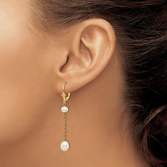 14kt Yellow Gold 5-7mm White Rice and Semi-Round Freshwater Cultured Pearl Dangle Leverback Earrings