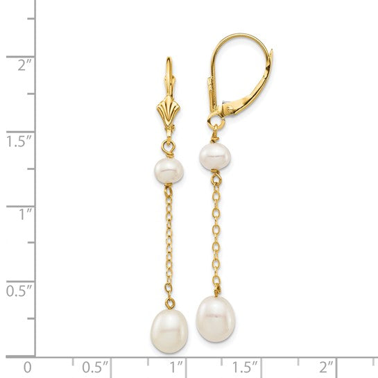14kt Yellow Gold 5-7mm White Rice and Semi-Round Freshwater Cultured Pearl Dangle Leverback Earrings