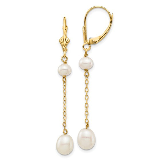 14kt Yellow Gold 5-7mm White Rice and Semi-Round Freshwater Cultured Pearl Dangle Leverback Earrings