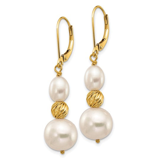 14kt Yellow Gold 6-10mm White Round and Rice Freshwater Cultured Pearland Diamond-cut Beaded Dangle Leverback Earrings
