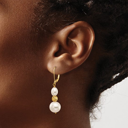 14kt Yellow Gold 6-10mm White Round and Rice Freshwater Cultured Pearland Diamond-cut Beaded Dangle Leverback Earrings