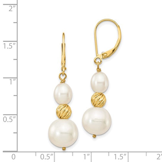 14kt Yellow Gold 6-10mm White Round and Rice Freshwater Cultured Pearland Diamond-cut Beaded Dangle Leverback Earrings