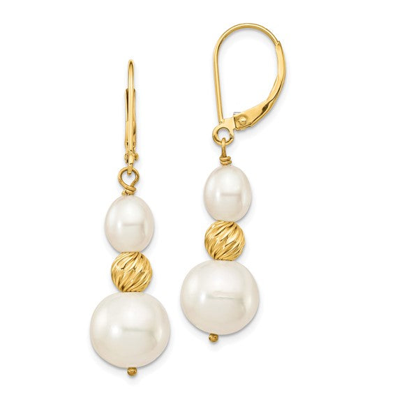 14kt Yellow Gold 6-10mm White Round and Rice Freshwater Cultured Pearland Diamond-cut Beaded Dangle Leverback Earrings