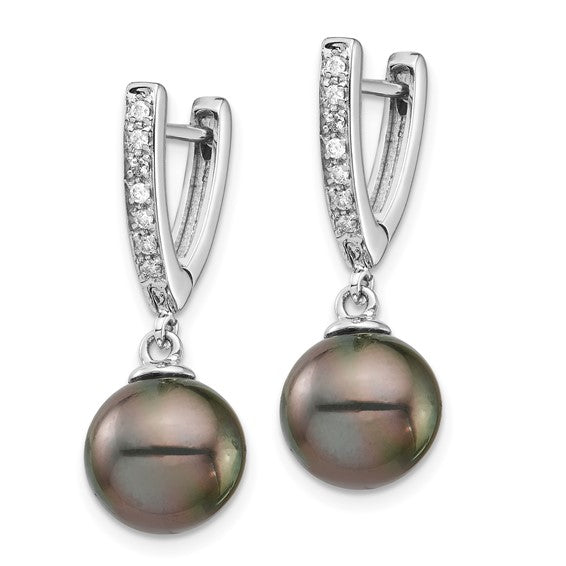 14kt White Gold 9-10mm Black Round Tahitian Saltwater Cultured Pearl and .10 Carat Diamond Dangle Earrings