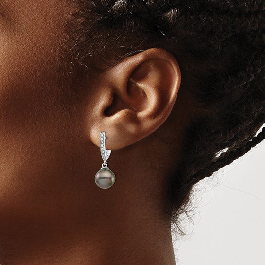 14kt White Gold 9-10mm Black Round Tahitian Saltwater Cultured Pearl and .10 Carat Diamond Dangle Earrings