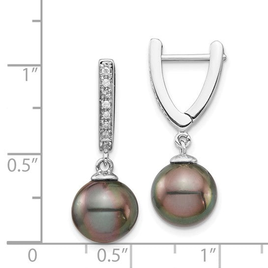 14kt White Gold 9-10mm Black Round Tahitian Saltwater Cultured Pearl and .10 Carat Diamond Dangle Earrings
