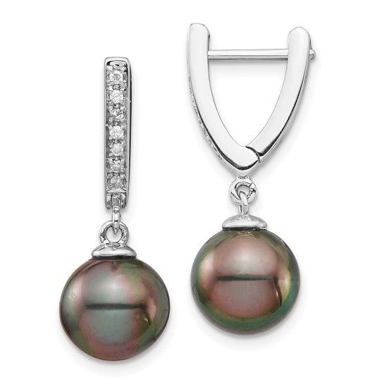 14kt White Gold 9-10mm Black Round Tahitian Saltwater Cultured Pearl and .10 Carat Diamond Dangle Earrings