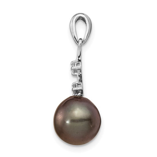 14kt White Gold 8-9mm Black Teardrop Tahitian Saltwater Cultured Pearl and .04 Carat Diamond Pendant