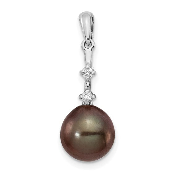 14kt White Gold 8-9mm Black Teardrop Tahitian Saltwater Cultured Pearl and .04 Carat Diamond Pendant