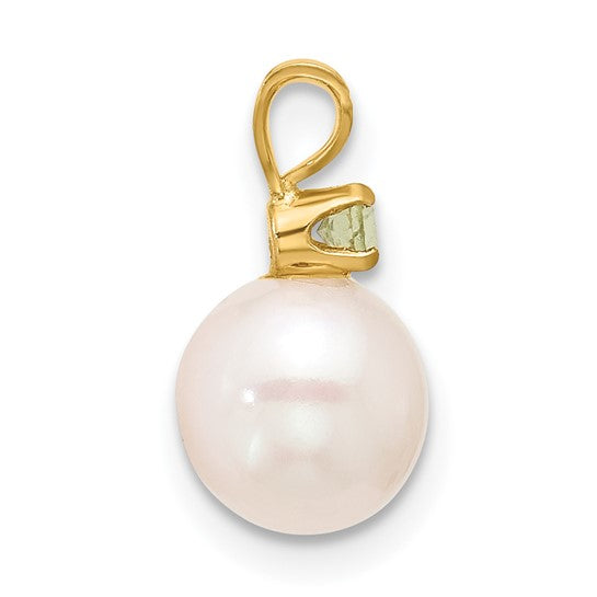 14kt Yellow Gold 7-7.5mm White Round Freshwater Cultured Pearl and .07PE Peridot Pendant